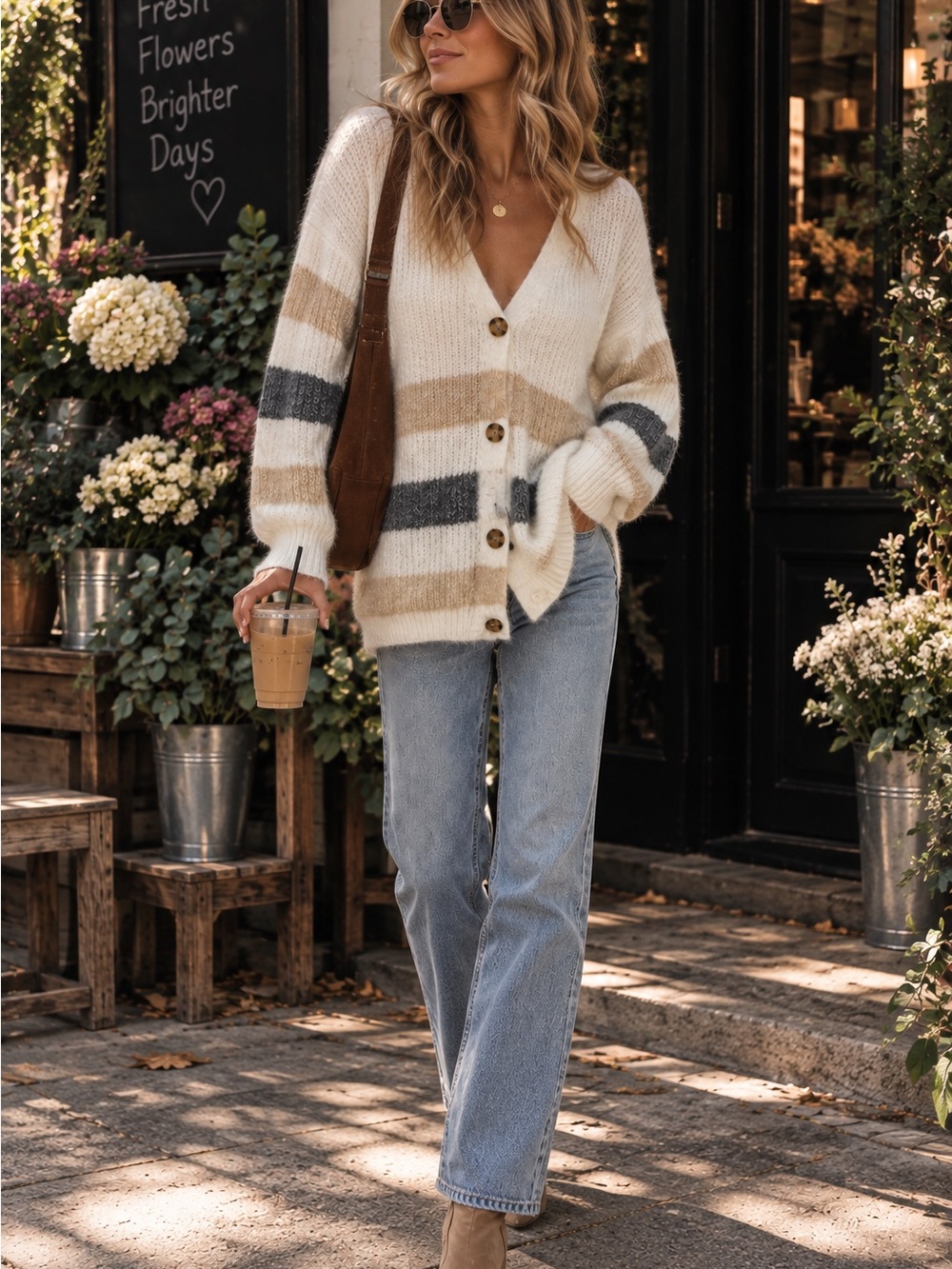 SHEIN Cream Oversized V-Neck Button Cardigan with Beige & Charcoal Stripes